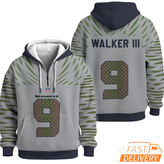 Seattle Seahawks Super Bowl Run Walker III 9 Gray Quarter Zip Waffle Hoodie