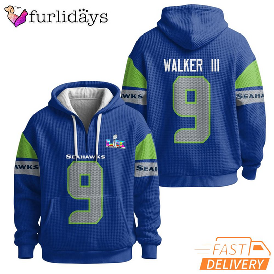 Seattle Seahawks Super Bowl Run 9 Royal Blue Quarter Zip Waffle Hoodie