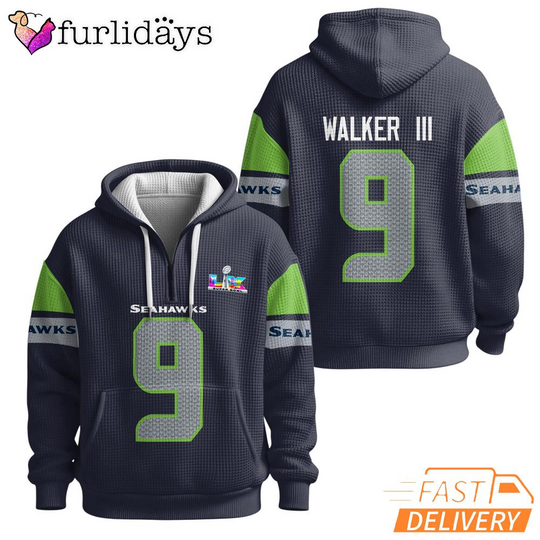Seattle Seahawks Super Bowl Run Walker III 9 Dark Navy Quarter Zip Waffle Hoodie