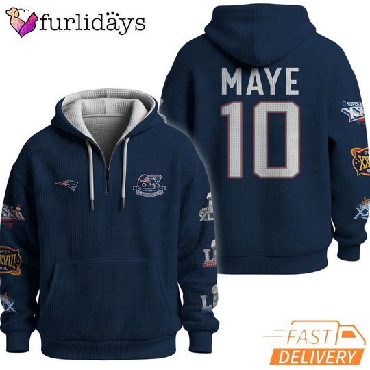 Super Bowl Drake Maye 10 New England Patriots Navy Blue Quarter Zip Waffle Hoodie