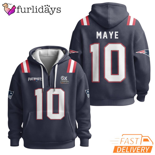 Super Bowl Drake Maye 10 New England Patriots Navy Quarter Zip Waffle Hoodie