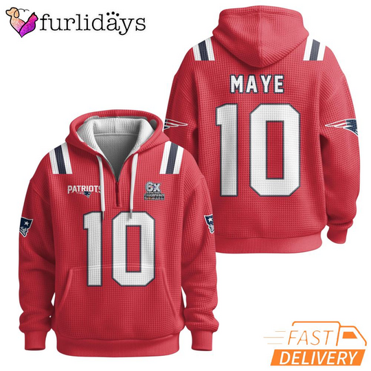 Super Bowl Drake Maye 10 New England Patriots Red Quarter Zip Waffle Hoodie