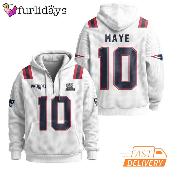 Super Bowl Drake Maye 10 New England Patriots White Quarter Zip Waffle Hoodie