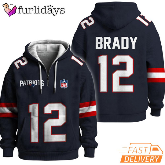Super Bowl Tom Brady 12 New England Patriots Navy Quarter Zip Waffle Hoodie
