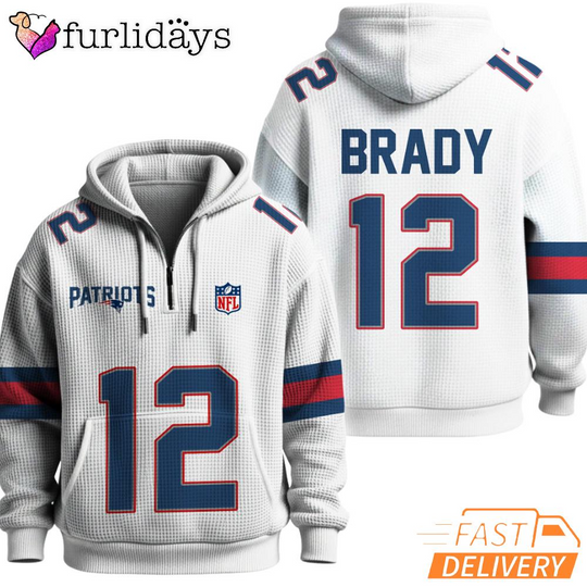 Super Bowl Tom Brady 12 New England Patriots White Quarter Zip Waffle Hoodie