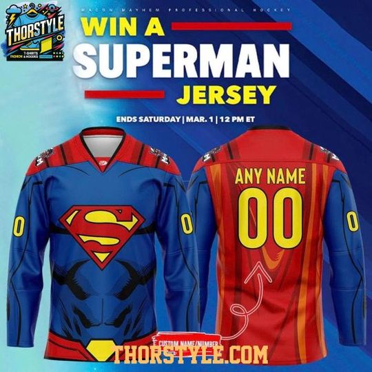 Discover Macon Mayhem Superman 2026 Super Hero Night Personalized Hockey Jersey