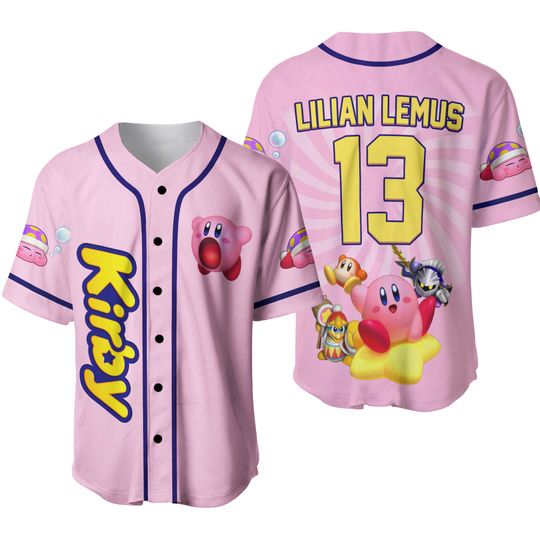 Personalized Kirby Jersey Shirt, Kirby Face Baseball Jersey, Fighting Kirby Nintendo Fan Tee, Cute Kirby Shirt, Funny Gift For Gamer