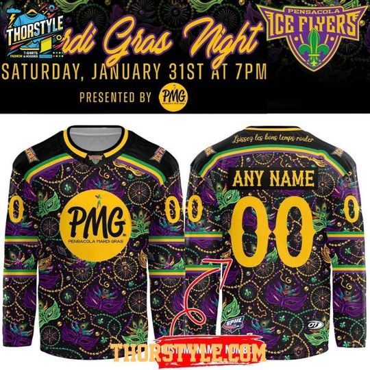Discover Pensacola Ice Flyers 2026 Mardi Gras Night Personalized Hockey Jersey