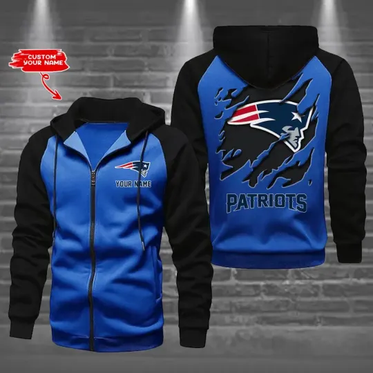 New England Patriots Men's Raglan Full Zip Hoodie American Football Team Zip Hoodie Gift For Fan