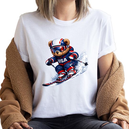 Discover 2026 Winter Unisex T-Shirt, USA Ski Team Crewneck, Skiing Teddy Bear Tee