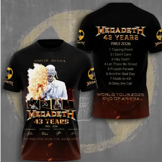 Discover Megadeth 43 Years 1983-2026 World Tour 2026 End Of An Era TX 3D T-Shirt