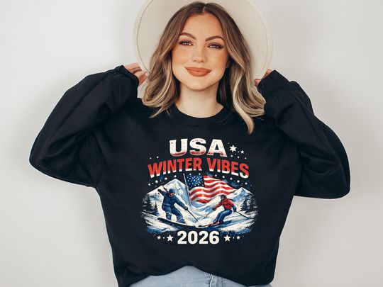 Discover USA Winter Vibes 2026 Shirt, American Ski Snowboard Tee, Patriotic Winter Sports Shirt, Red White Blue Snow Shirt, Winter Trip Gift