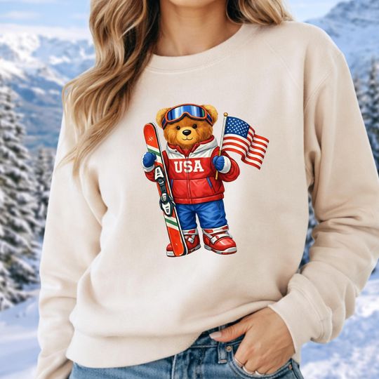 Discover USA Winter 2026 Sweatshirt, USA Skiing Teddy Bear Sweatshirt, 2026 Winter Sports Crewneck, Italy Winter Sports Crewneck
