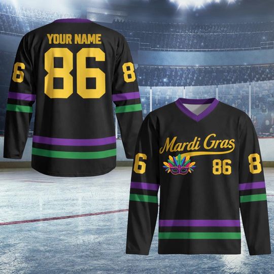 Discover Personalized Mardi Gras Hockey Jersey, Custom Name Mardi Gras Hockey Jersey, Hockey Jersey Uniform For Hockey Fans, Mardi Gras Outfit
