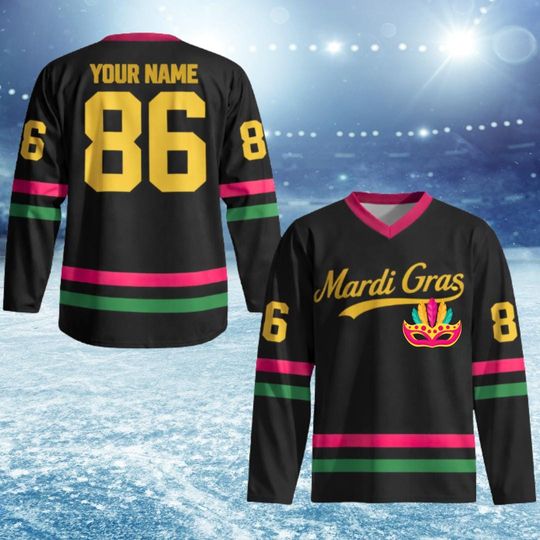 Discover Personalized Mardi Gras Hockey Jersey, Custom Name Mardi Gras Hockey Jersey, Hockey Jersey Uniform For Hockey Fans, Mardi Gras Outfit