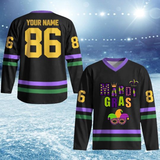 Discover Personalized Mardi Gras Hockey Jersey, Custom Name Mardi Gras Hockey Jersey, Hockey Jersey Uniform For Hockey Fans, Mardi Gras Outfit