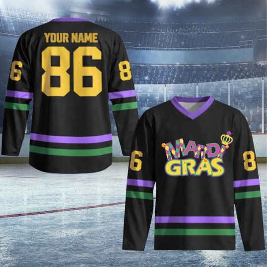 Discover Personalized Mardi Gras Hockey Jersey, Custom Name Mardi Gras Hockey Jersey, Hockey Jersey Uniform For Hockey Fans, Mardi Gras Outfit