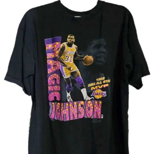 Discover Vtg NBA All Star Los Angeles Lakers Magic Johnson MVP Single Stitch T-Shirt XL
