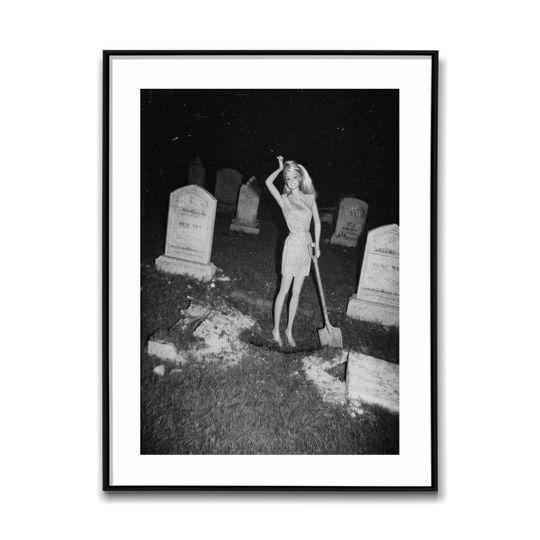 Barbie Doll Digging Up The Graveyard At Night; Black & White Wall Art Poster, Vintage Print, Photography Prints, Aesthetic Poster