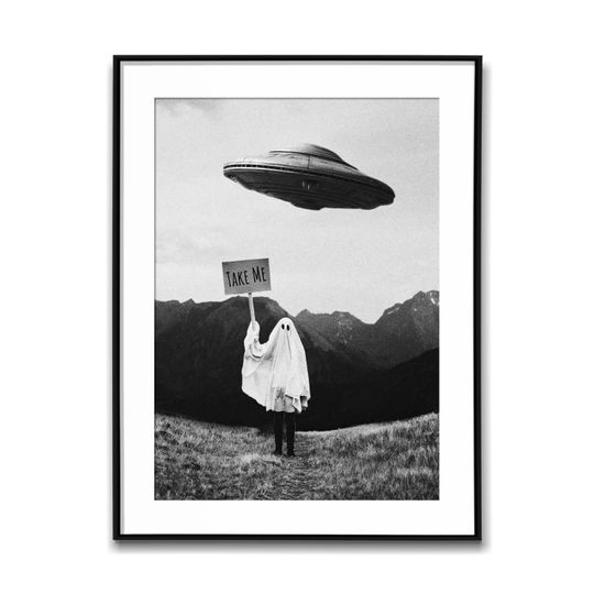 Discover A Person In Ghost Costume With Take Me Sign Under UFO; Black & White Wall Art Poster, Vintage Print, Photography Prints, Aesthetic Poster