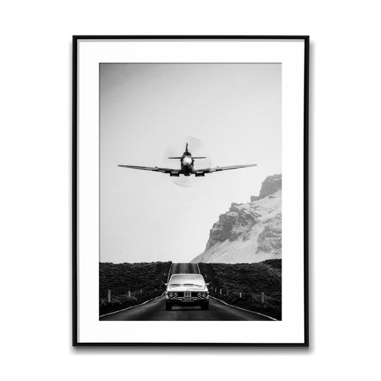 Discover Airplane Flying Over The Car On A Freeway In USA; Black & White Wall Art Poster, Vintage Print, Photography Prints, Aesthetic Poster