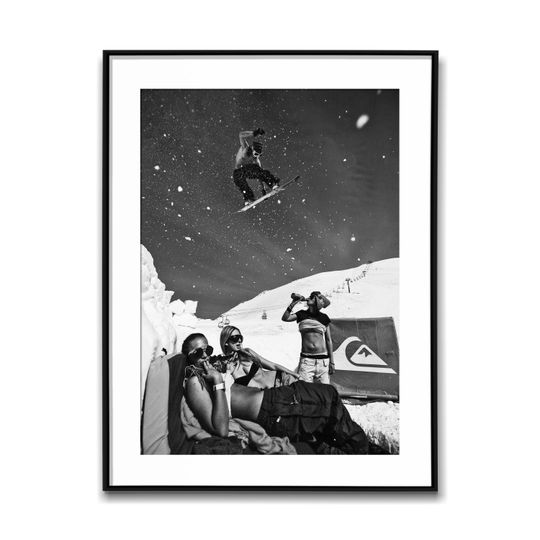 Discover Snowboarder Jumping Over Girls Resting On The Mountain; Black & White Wall Art Poster, Vintage Print, Photography Prints, Aesthetic Poster