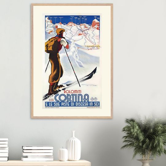 Discover Vintage Ski Poster Cortina, Italian Alps Winter Travel Art, Olympic Ski Wall Print