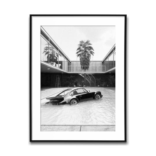 Discover Porsche 911 Half Submerged In A Pool; Black & White Wall Art Poster, Vintage Print, Photography Prints, Aesthetic Poster