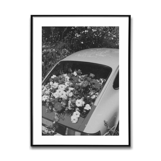 Discover Flowers Blooming In The Back Of Car Window; Black & White Wall Art Poster, Vintage Print, Photography Prints, Aesthetic Poster