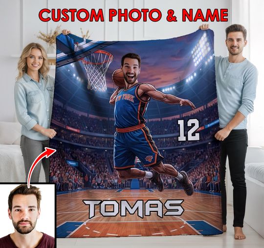 Discover Custom Basketball Blanket with Name & Face, Personalized Fleece Throw for Boys Men Kids, Basketball Lover Gift, Player Birthday Blanket