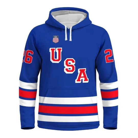 Discover USA Hockey Shield 2026 Blue Hoodie Pullover Shirt - Size S to 5XL