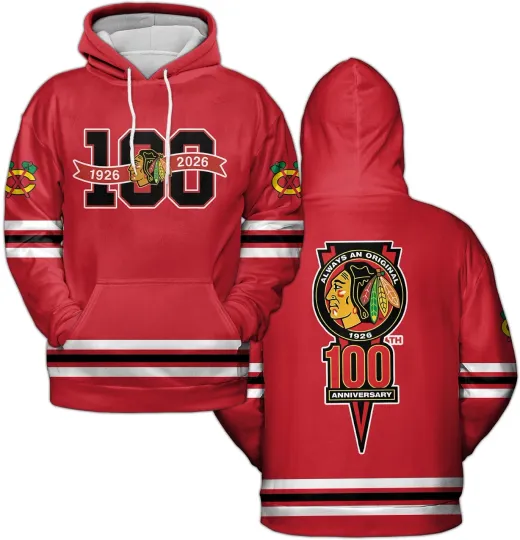 Discover Chicago Blackhawks 100th Anniversary Red Hoodie 2026 Pullover - Size S to 5XL