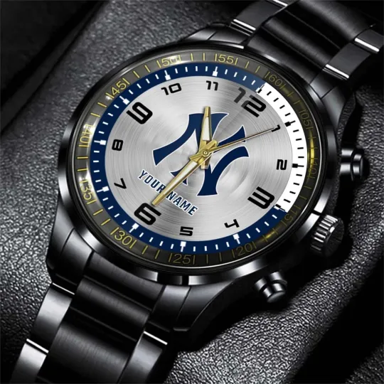 Discover Personalized New York Baseball Yankeess Team Men Black Stainless Steel Watch