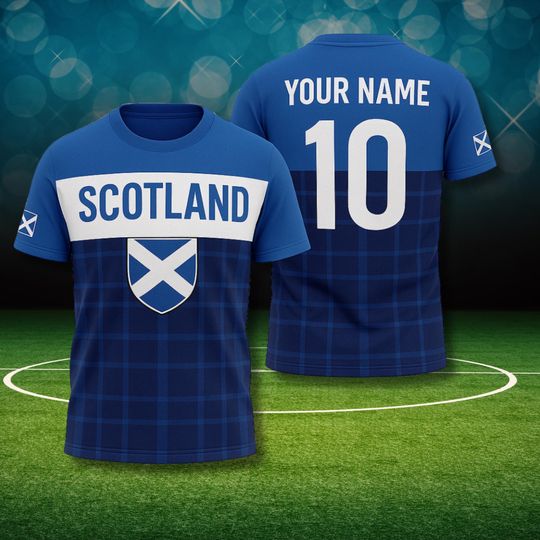 Discover Scotland Football Fan T Shirt, Custom Name Number Soccer Jersey Top, Blue Tartan Scottish Flag Supporter Tee, World Match Gift 2026