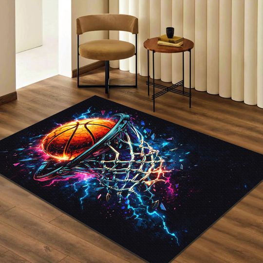 Discover Electric Basketball Hoop Rug  Neon Sports Art Area Rug for Gamer & Teen Room Decor