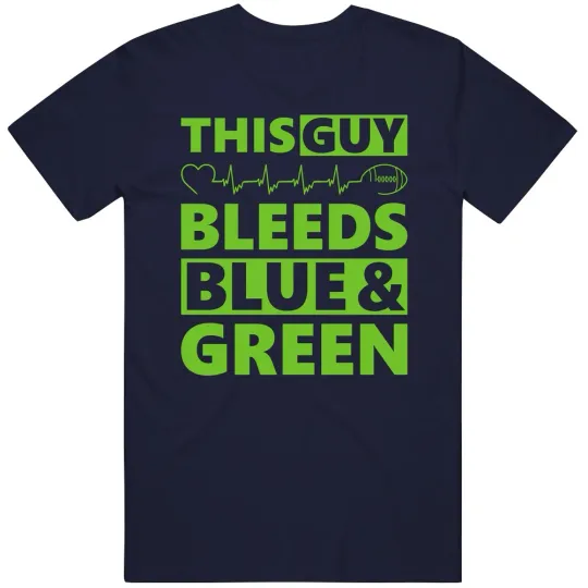 Discover Seattle Seahawks- This Guy Bleeds Blue And Green Vintage Classic Navy Blue T Shi