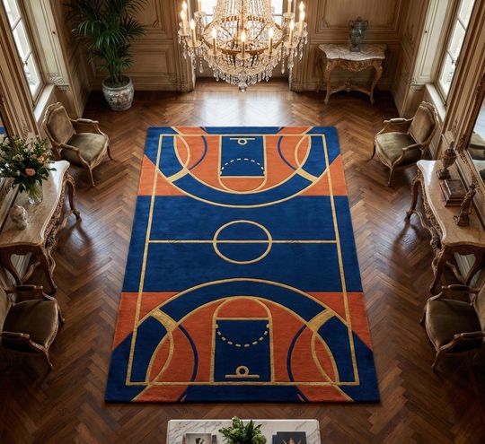 Discover Basketball Court Area Rug | Handmade Sports Rug | Modern Game Room & Arcade Room Carpet | Tufted Cut Pile Rug Custom Size
