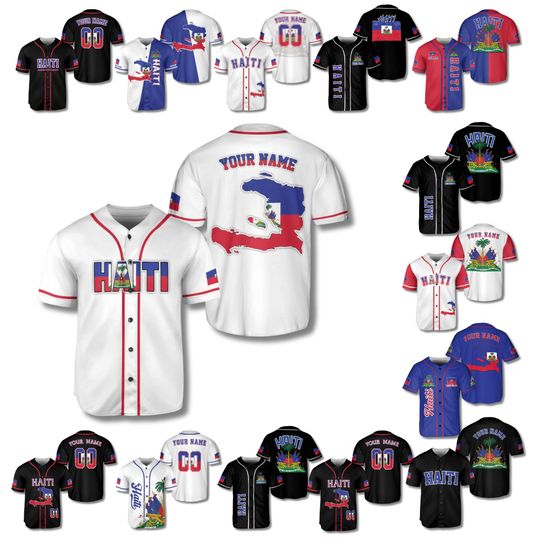 Haiti 3D Baseball Jersey Button Up Shirt, Personalized Name & Number, All Over Print Haitian Flag Map Design, Unisex Fan Gift, Haitian Pride