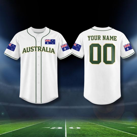 Discover Australia Baseball Fan Jersey, White Button Front Shirt, Custom Name & Number Back, Green Trim 3D Style, International Tournament 2026