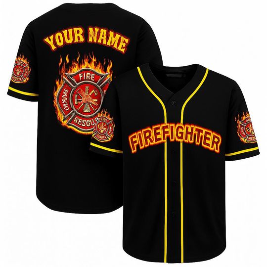 Discover Custom Firefighter Baseball Jersey  Black Button Up with Flames, Add Your Name, Maltese Cross Patch, Unisex First Responder Gift Shirt