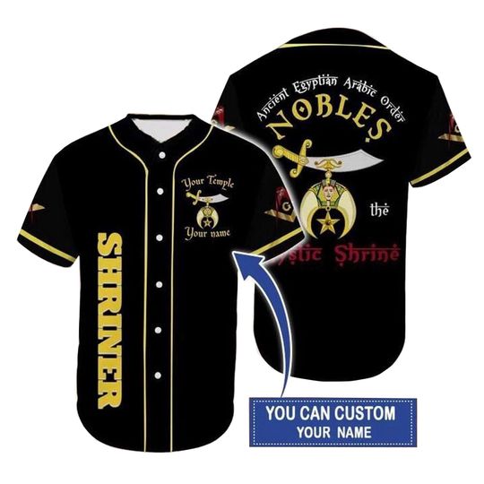 Discover Custom Shriner Baseball Jersey  Personalized Name and Temple, Black Gold Nobles AEAONMS Fraternal Shirt, Masonic Gift Uniform Top