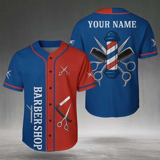 Discover Custom Barbershop Baseball Jersey with Name & Number  Barber Pole Scissors Razor Print, Personalized Stylist Work Shirt, Salon Uniform Gift
