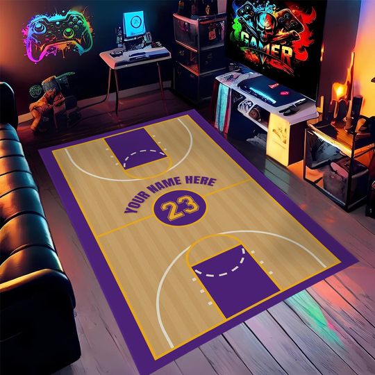 Discover Custom Basketball Court Rug  Personalized Sports Floor Mat with Name & Number, Gamer Room or Kids Room Decor  Choose Your Colors