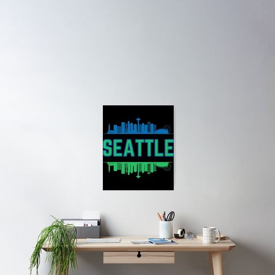 Discover Blue and Green Seattle Skyline Vertical Poster