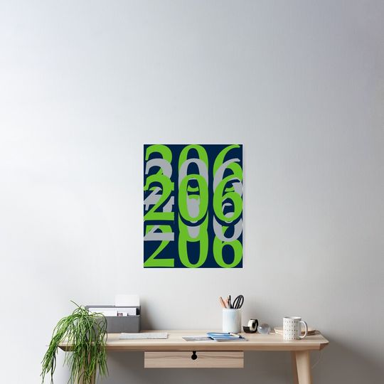 Discover Seattle Area Code 206 Seahawks Colorway Vertical Poster
