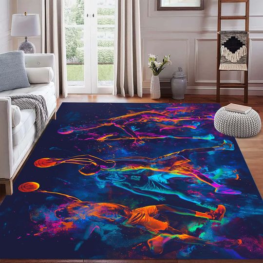 Discover Neon Basketball Player Rug, Abstract Sports Theme Area Rug, Action Basketball Rebound Mat