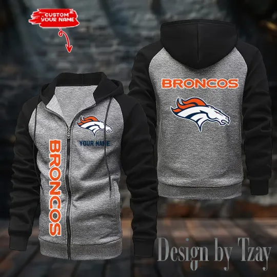 Denver Broncos Men's Raglan Full Zip Hoodie American Football Team Zip Hoodie Gift For Fan
