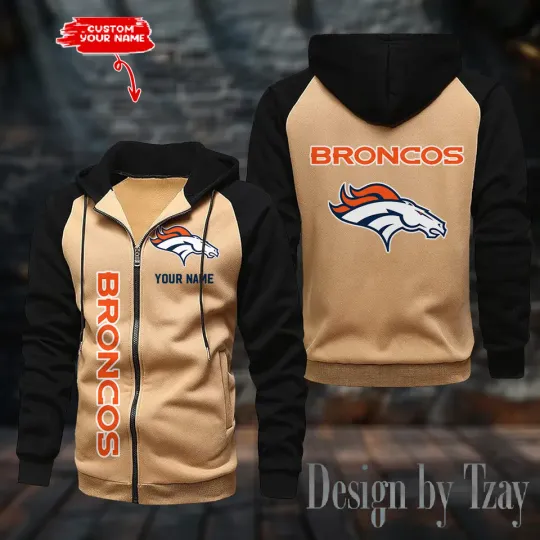 Denver Broncos Men's Raglan Full Zip Hoodie American Football Team Zip Hoodie Gift For Fan