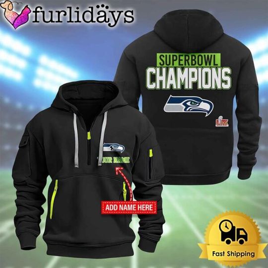 Seattle Seahawkss Custom Name Super Bowl LIX 2D Quarter Zip Hoodie