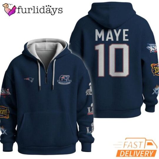 Super B.owl Drake Maye 10 New England Patriotss Navy Blue Quarter Zip Waffle Hoodie